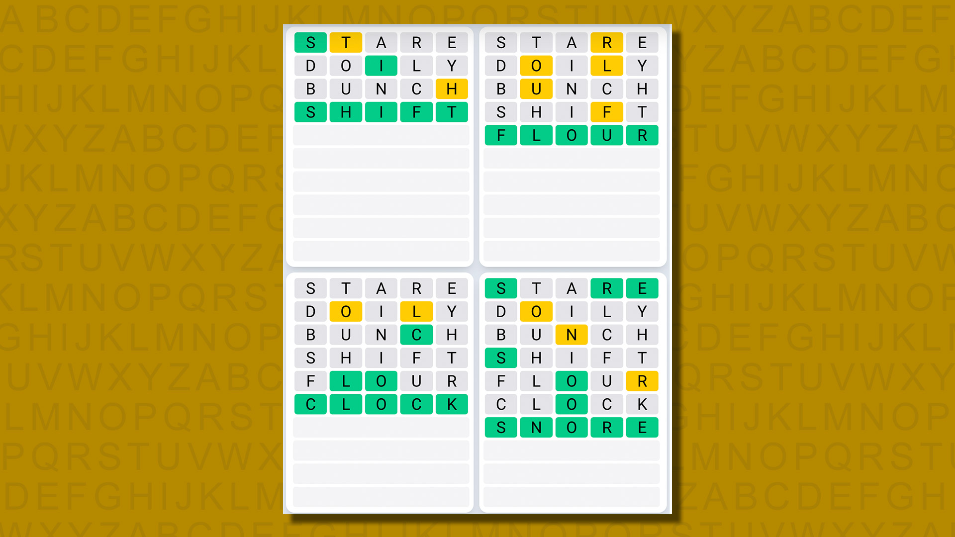 Quordle daily sequence answers for game 638 on a yellow background