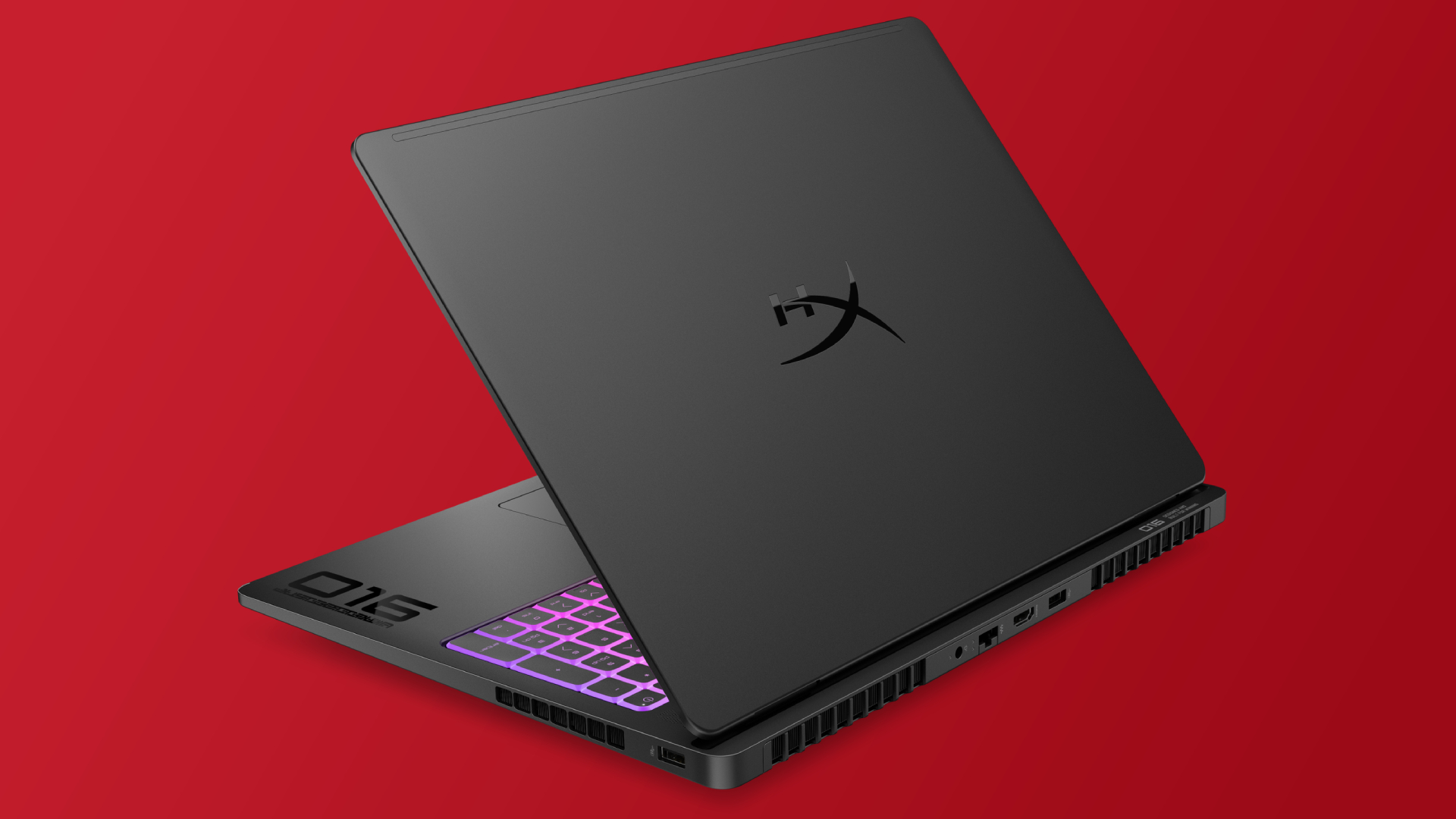 The HyperX Omen Max 16 shot from the rear, showing the HyperX logo on the back lid