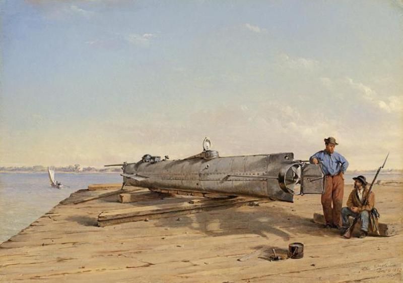 An oil painting by Conrad Wise Chapman, &quot;Submarine Torpedo Boat H.L. Hunley,&quot; from Dec. 6, 1863.