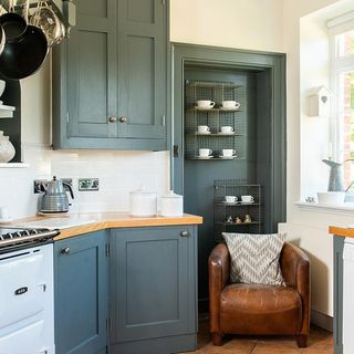 kitchen with grey hand painted cabinets