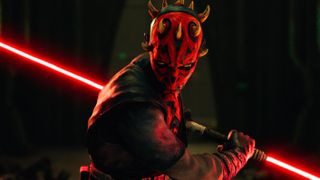 Darth Maul brandishes his dual-bladed red lightsaber in a still from Disney+'s "Star Wars: Maul - Shadow Lord"