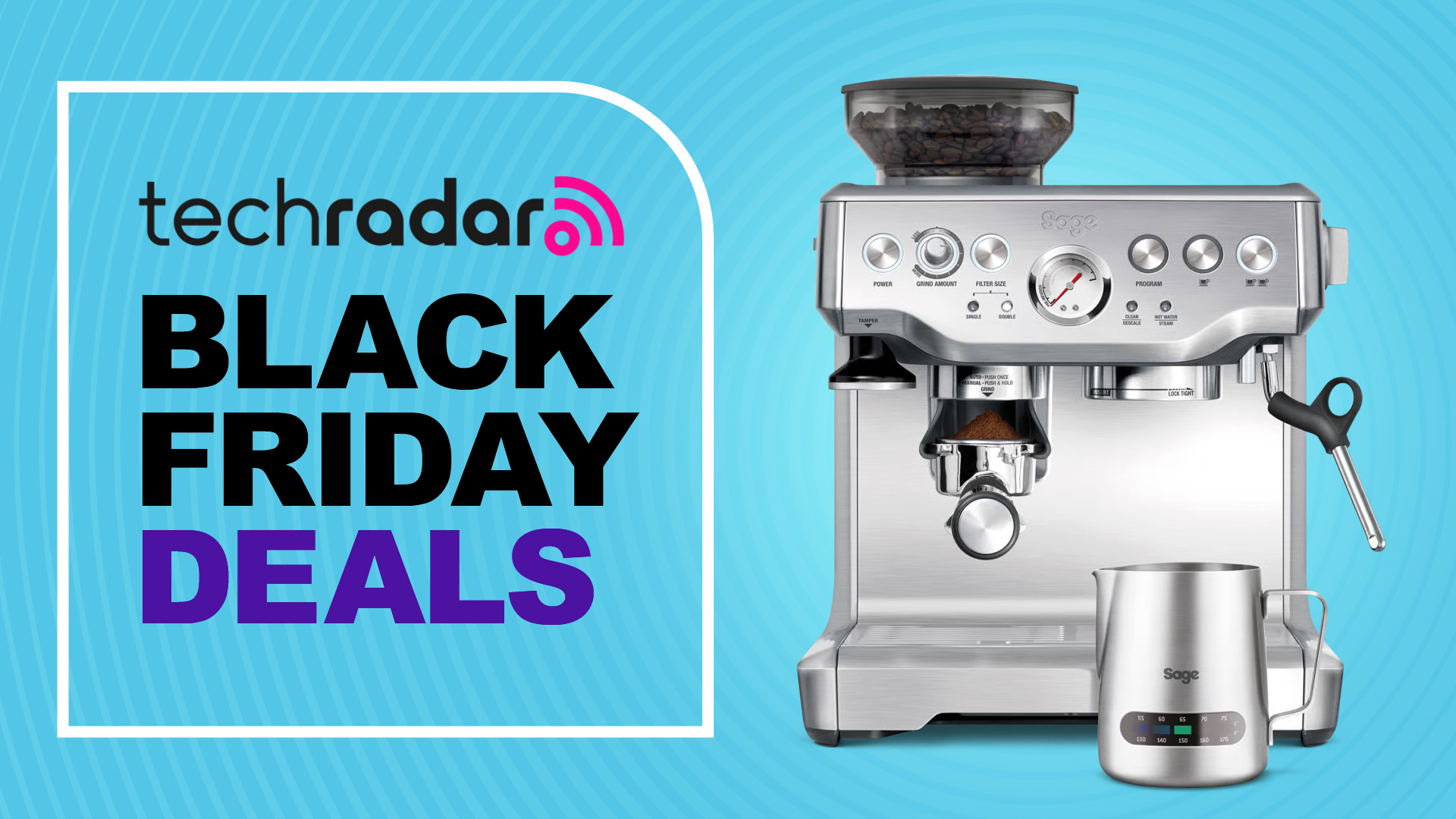 Sage coffee maker on blue background with text &#039;TechRadar Black Friday Deals&#039;