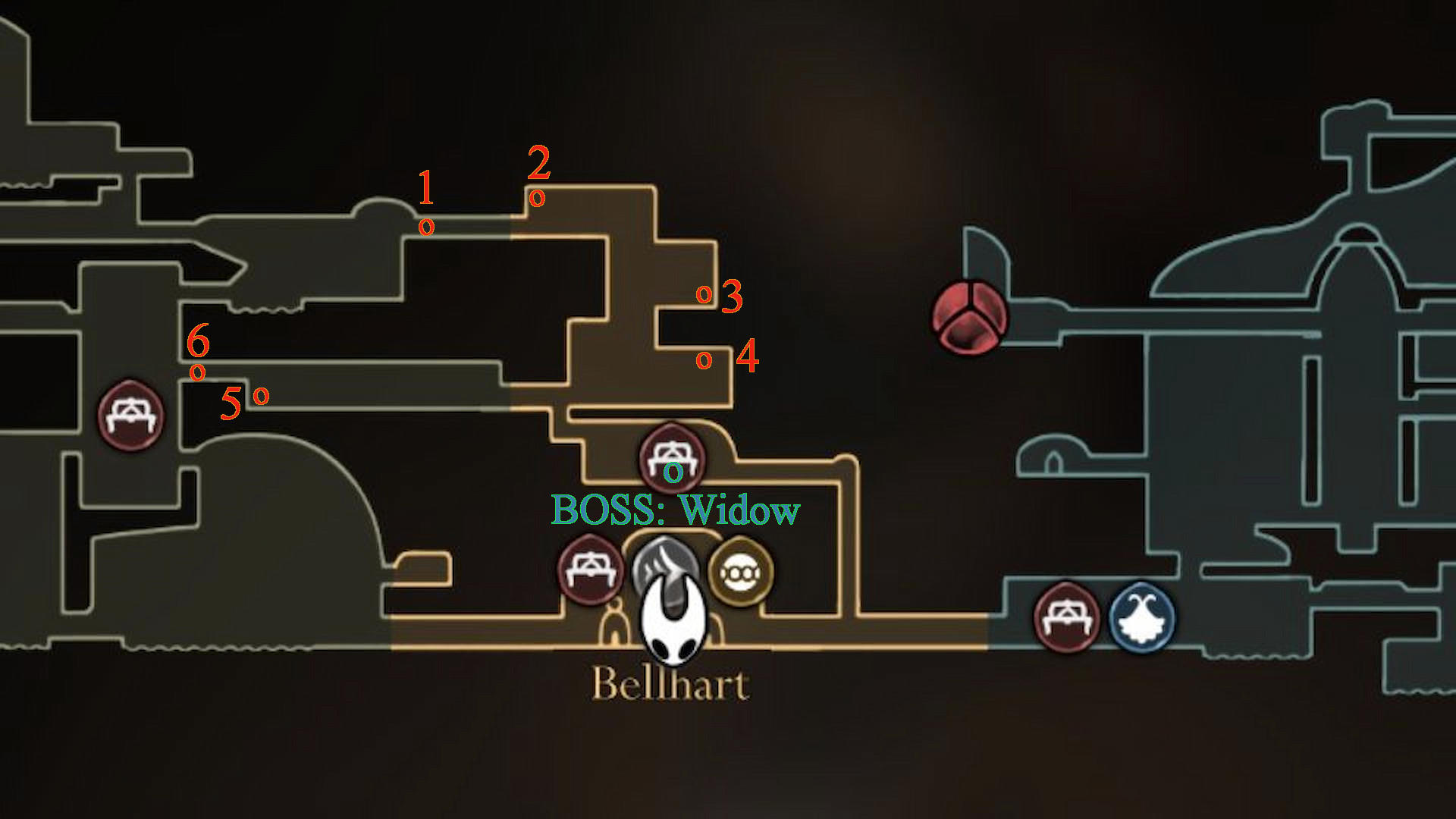 Labelled map of Bellhart in Silksong