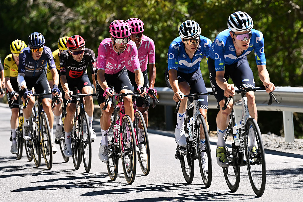 COLLADO DEL AGUACIL, SPAIN - SEPTEMBER 12: (L-R) Alastair Mackellar of Australia and Team EF Education - EasyPost and Raul Garcia Pierna of Spain and Movistar Team compete in the chase group during the La Vuelta - 81st Tour of Spain 2026, Stage 20 a 210.8km stage from La Calahorra to Collado del Alguacil 1887m / #UCIWT / on September 12, 2026 in Collado del Alguacil, Spain. (Photo by Tim de Waele/Getty Images)