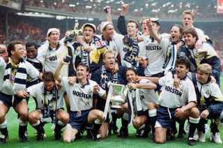 Tottenham celebrate with the FA Cup after winning the 1991 final against Nottingham Forest at Wembley