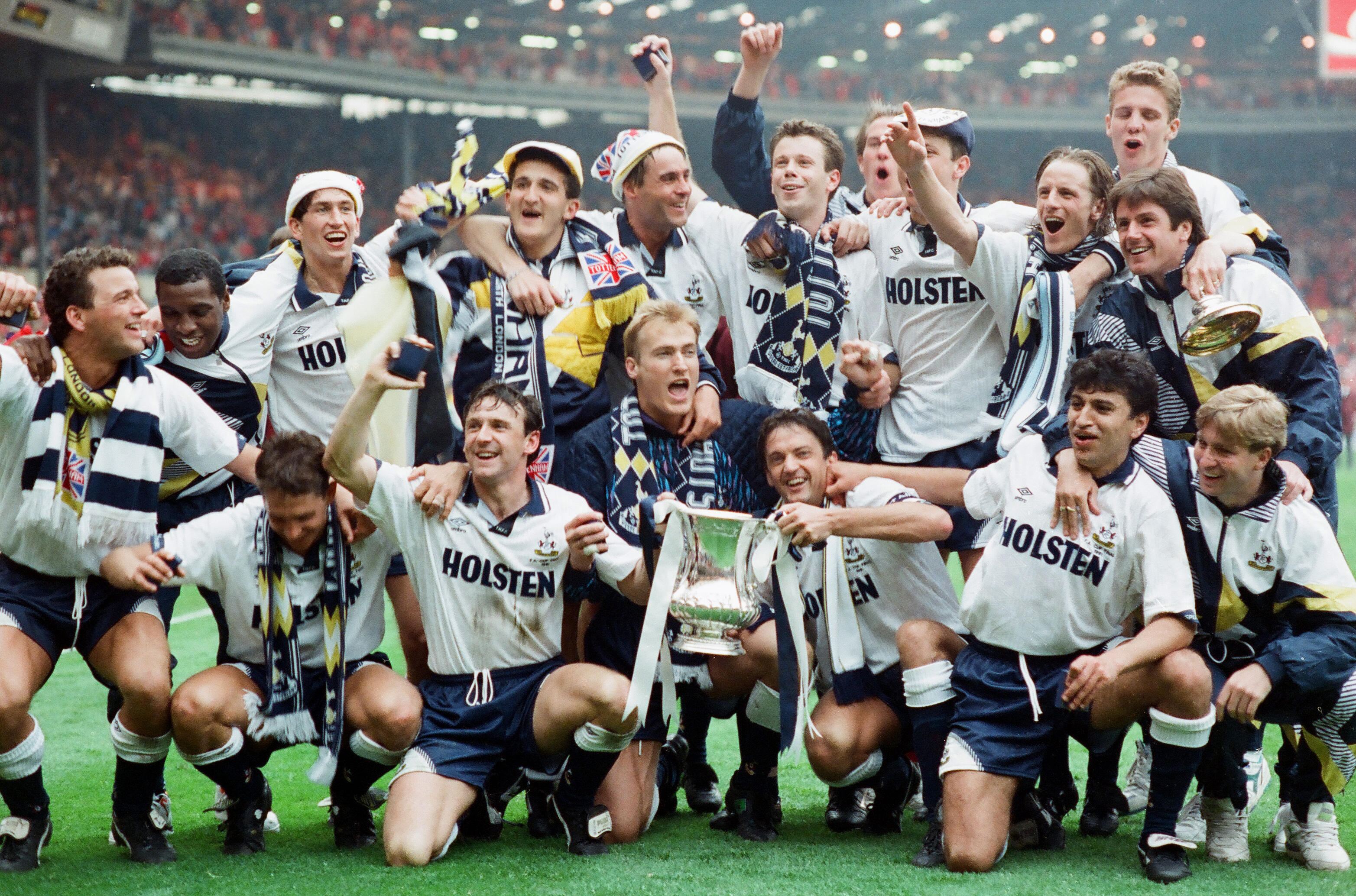 Tottenham celebrate with the FA Cup after winning the 1991 final against Nottingham Forest at Wembley