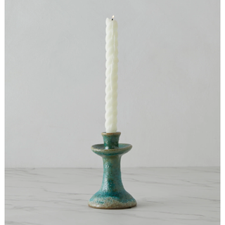 blue candlestick with textured stoneware finish