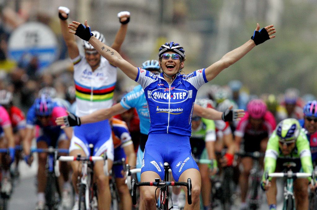 Filippo Pozzato celebrates his 2006 Milan-San Remo victory. As does teammate Tom Boonen