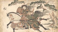 An ancient painting of a woman in green armor riding a white horse, her black hair flowing behind her with a tree in the background.