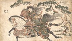 An ancient painting of a woman in green armor riding a white horse, her black hair flowing behind her with a tree in the background.