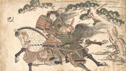 An ancient painting of a woman in green armor riding a white horse, her black hair flowing behind her with a tree in the background.