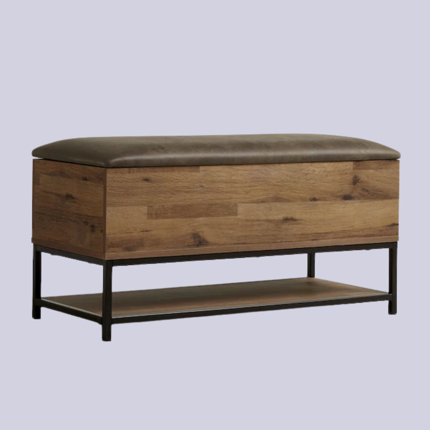 A wood storage bench with a faux leather top