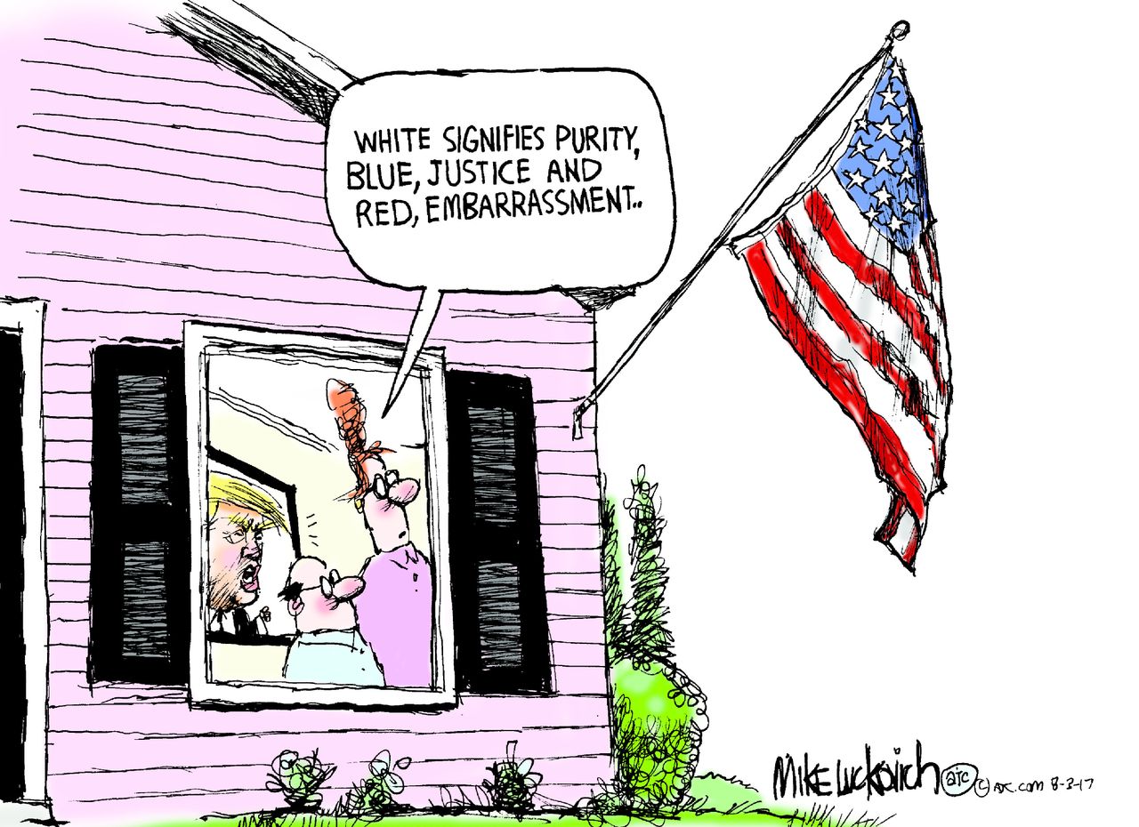 Political cartoon U.S. Trump American flag embarrassment