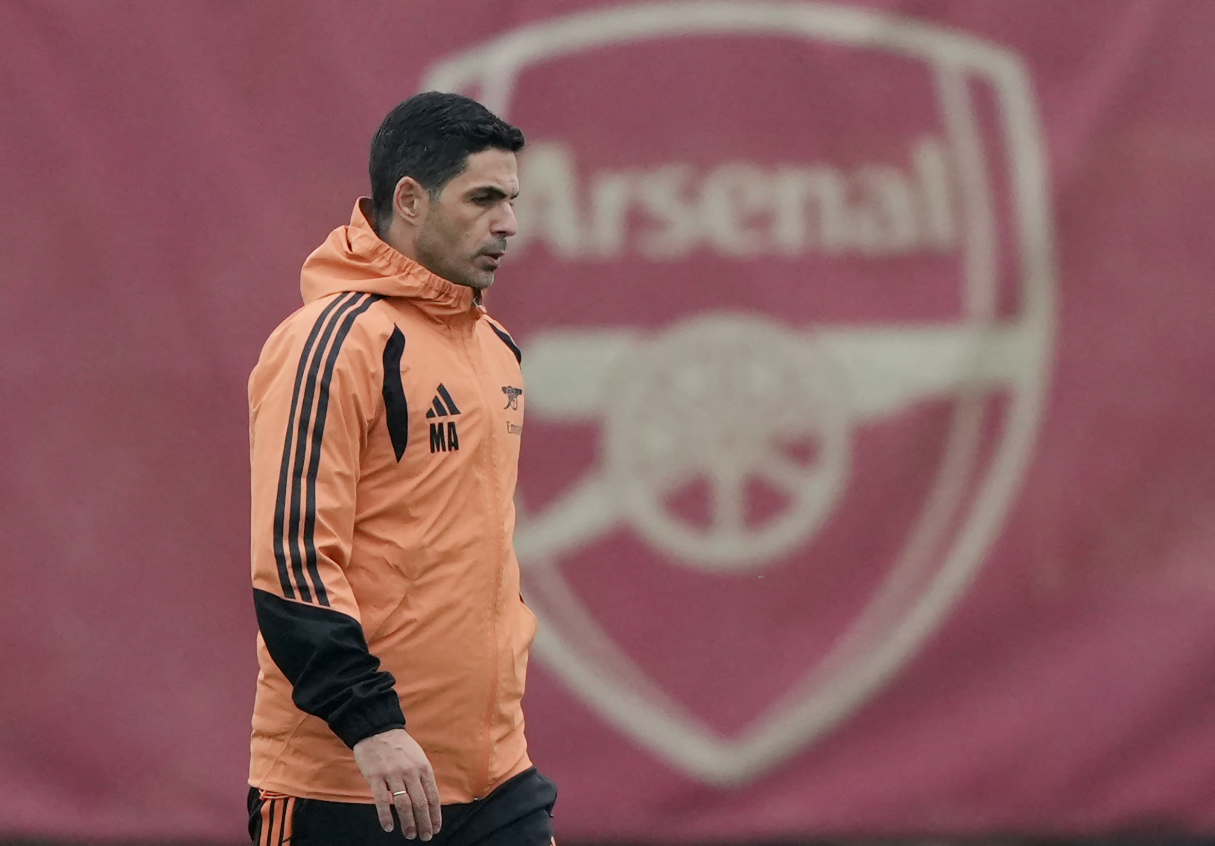 Arsenal manager Mikel Arteta attends a team training session at the Arsenal training centre in London Colney