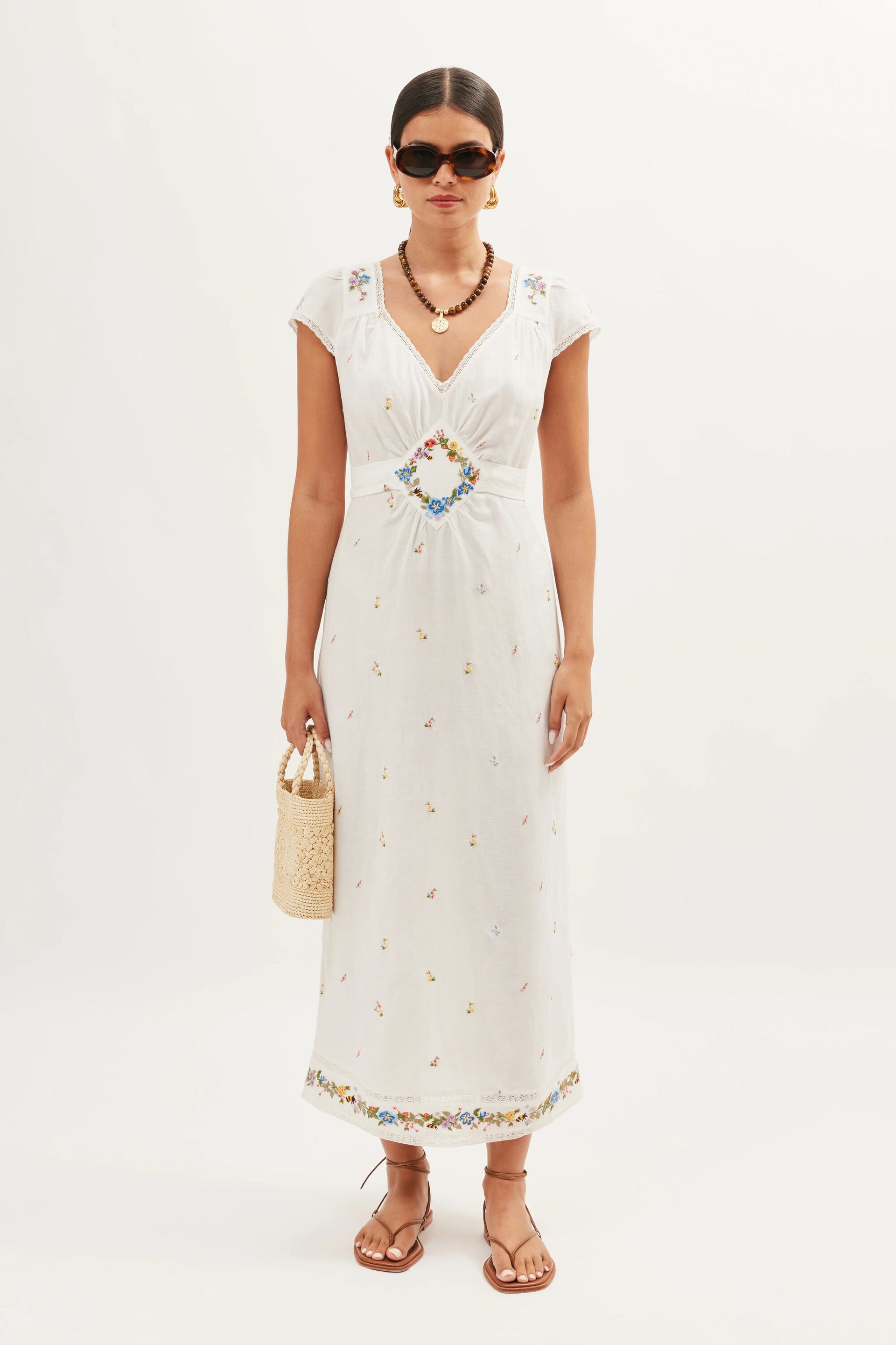 Carey Linen Midi Dress in White Meadow Embroidery Ivory