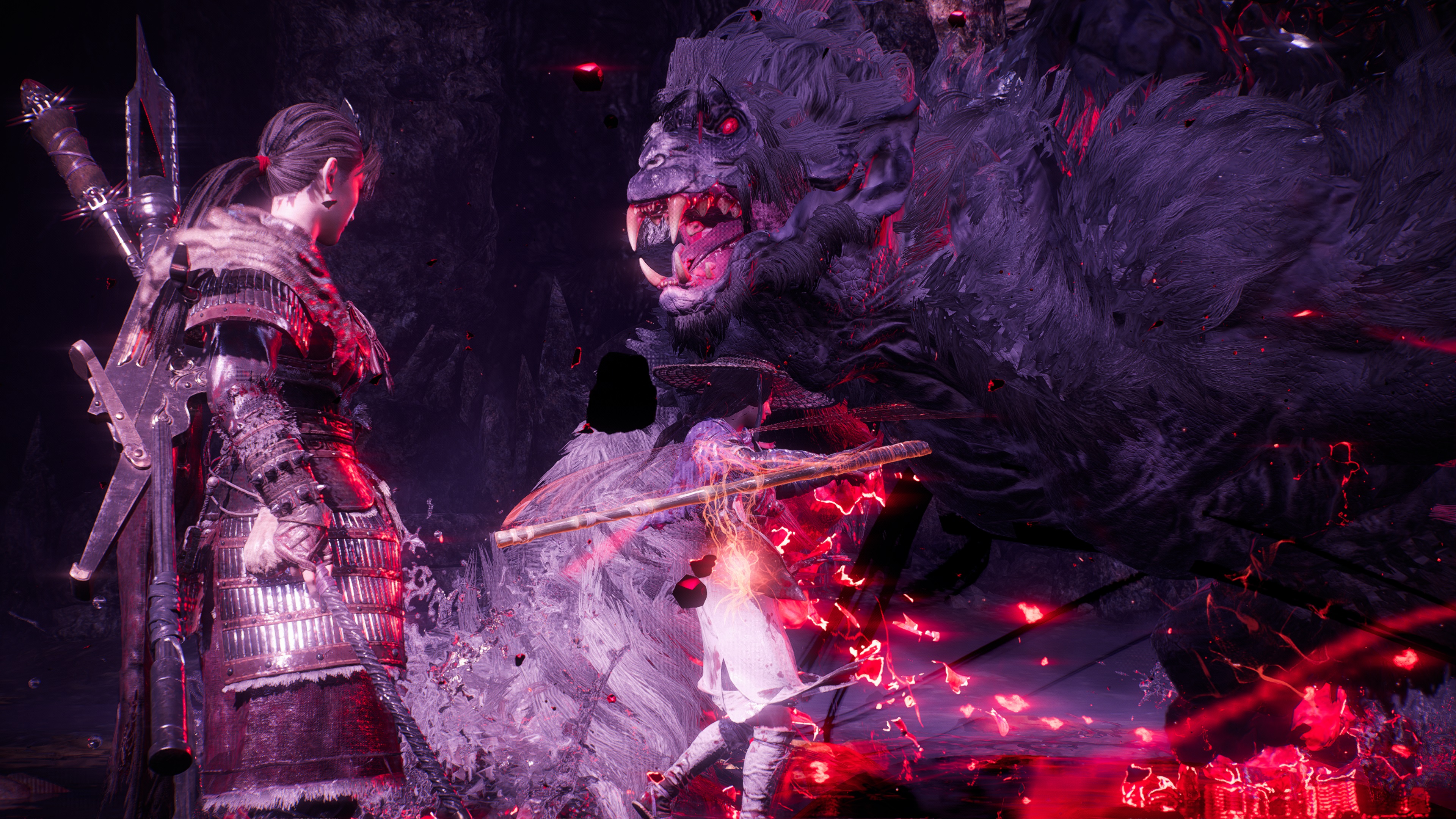Внутриигровой скриншот Wo Long: Fallen Dynasty, на котором игрок стоит лицом к боссу, сделанный в режиме «Фото».