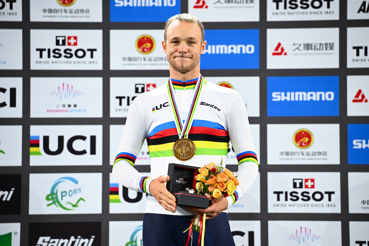 Jonathan Milan (Italy) after winning the Individual Pursuit at the 2026 UCI Track World Championships in Shanghai, China.