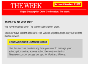 An order confirmation email with the account number circled in yellow