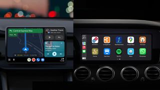 Composite image showing Android Auto versus CarPlay.