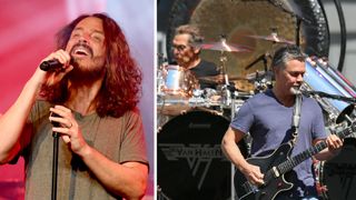 Chris Cornell performs live next to Alex and Eddie Van Halen performing live