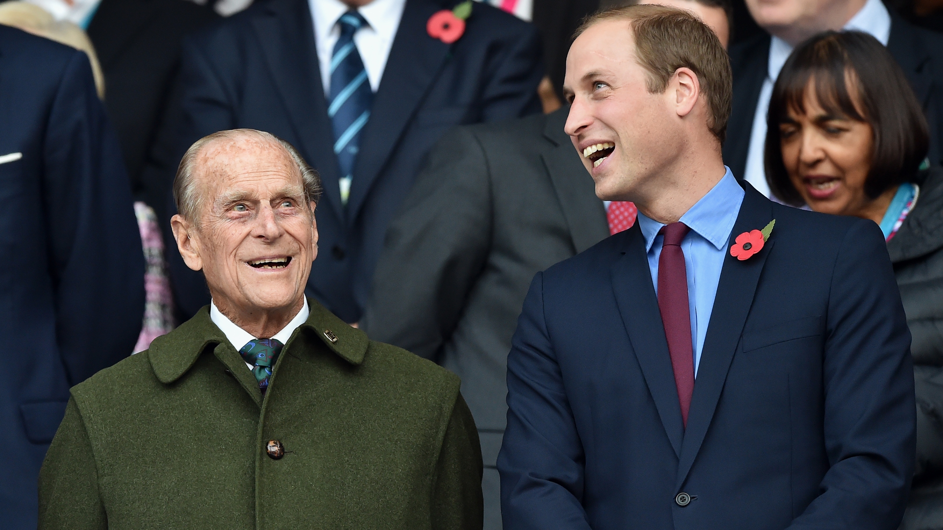 Prince Philip and Prince William laugh as they attend the 2015 Rugby World Cup Final match between New Zealand and Australia