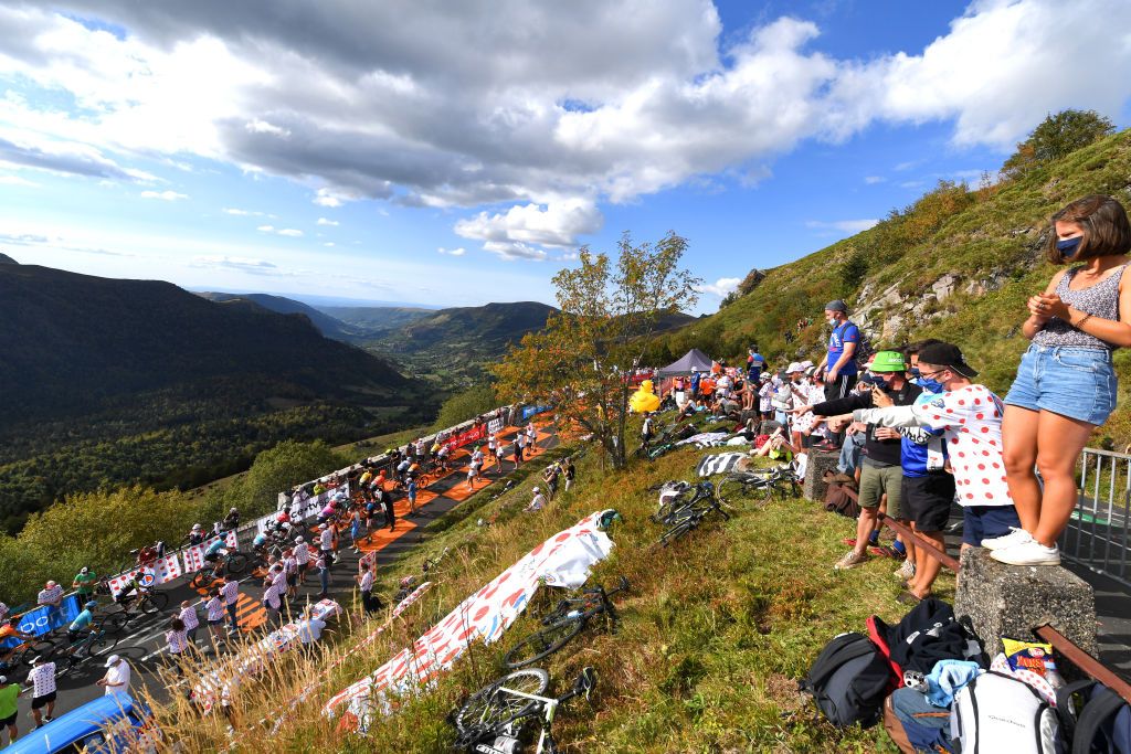 CANTAL FRANCE SEPTEMBER 11 Peloton Public Fans Pas de PeyrolLe Puy Mary Cantal 1589m Mountains Landscape during the 107th Tour de France 2020 Stage 13 a 1915km stage from ChtelGuyon to Pas de PeyrolLe Puy Mary Cantal 1589m TDF2020 LeTour on September 11 2020 in Cantal France Photo by Tim de WaeleGetty Images