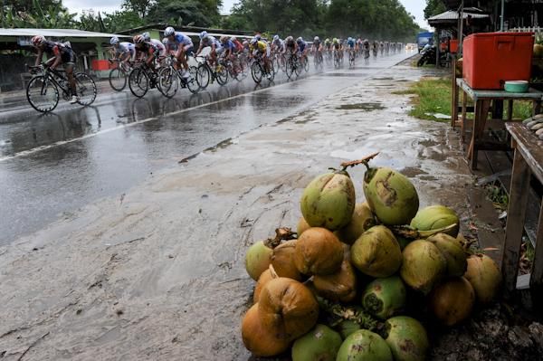The roads remain wet after a typical afternoon downpour