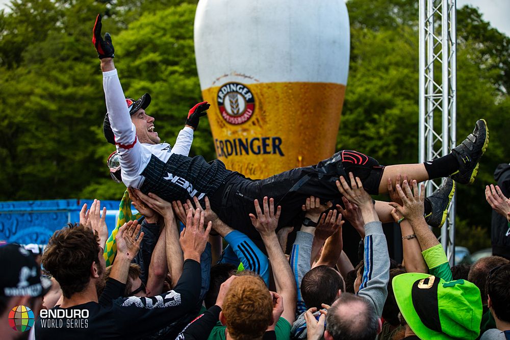 Justin Leov (Trek Factory Racing Enduro Team) lifted by fans after placing second