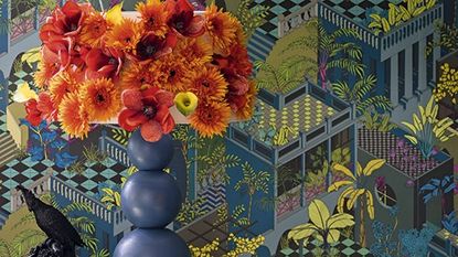 vibrant hallway with tropical print wallpaper and flower vase