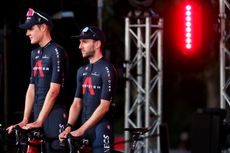Adam Yates at the Vuelta a España 2021 team presentation alongside Pavel Sivakov
