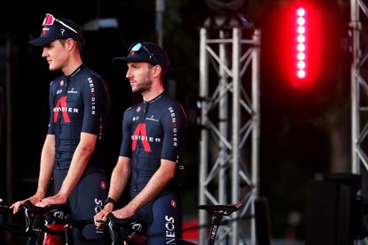 Adam Yates at the Vuelta a España 2021 team presentation alongside Pavel Sivakov
