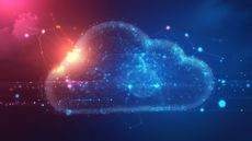 Digital cloud with connecting lines and glowing particles on a blue and red gradient background
