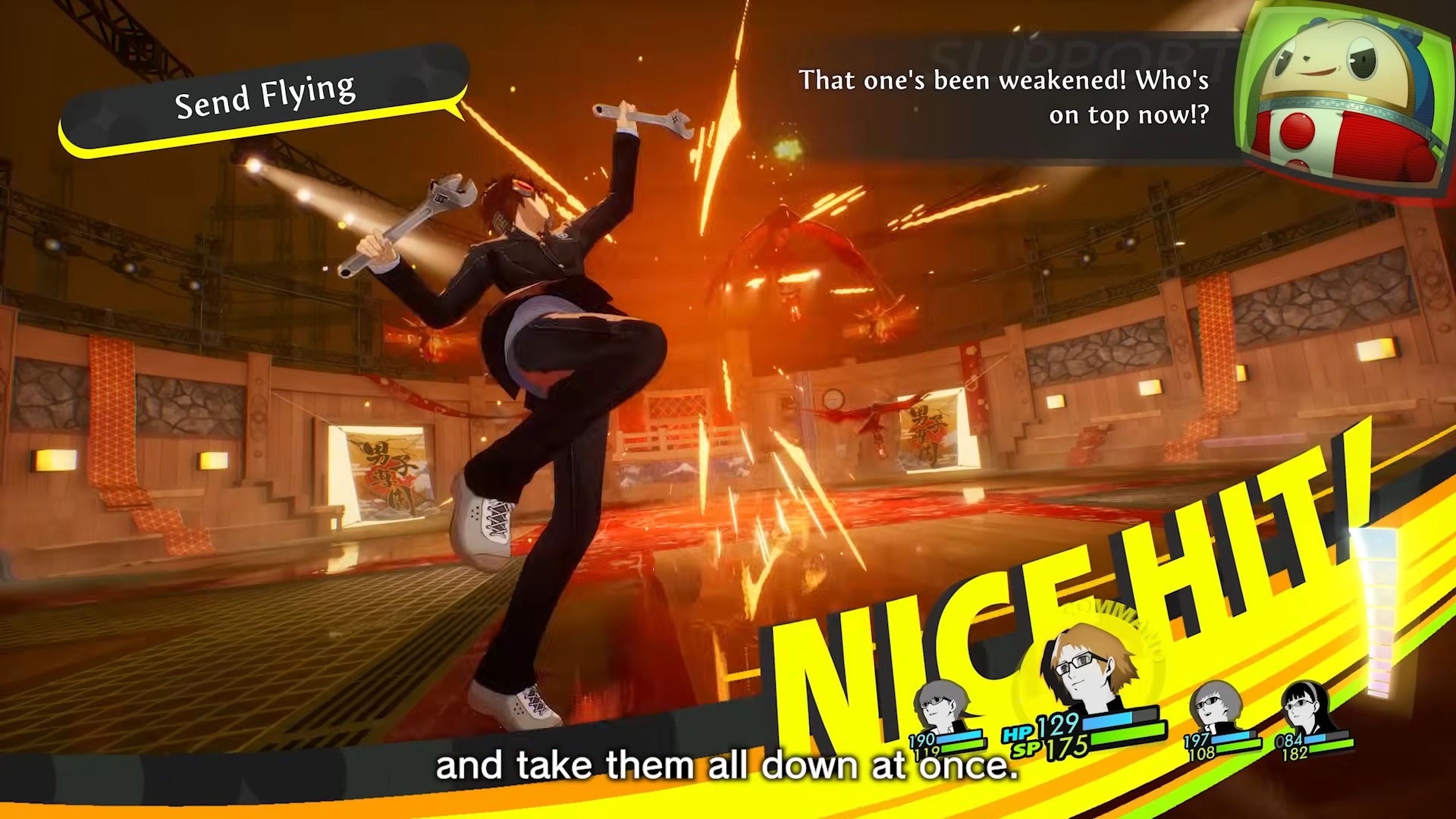 Video game scene featuring an action shot: a character in mid-air with weapons, striking an enemy. On-screen text reads &amp;ldquo;NICE HIT!&amp;rdquo; and &amp;ldquo;Send Flying.&amp;rdquo; Bright, dynamic energy with bold graphics below.