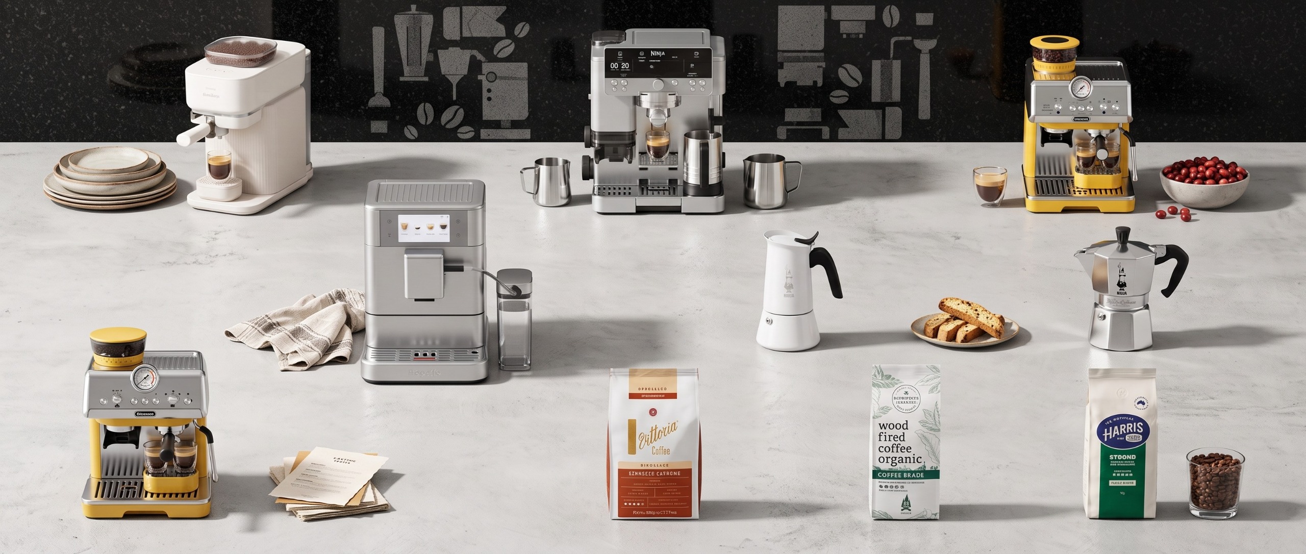 Coffee machines on kitchen benchtop with coffee beans