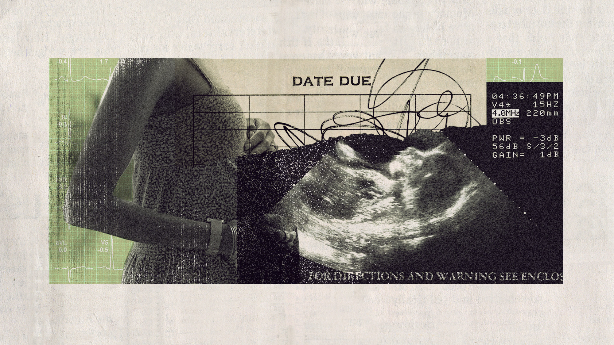 Photo collage of a pregnant woman, a baby scan, and various medical ephemera