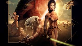 Box art for the game Star Wars: Knights of the Old Republic. In the foreground is a female Jedi wielding a green lightsaber. Just behind her is a shorter, reptile-looking alien with a long face who is holding a blaster. Behind them there are 2 robots: one tall android with a large gun, the other a short cylindrical robot. Towering behind all of them is a large menacing figure that takes up most of the night sky.