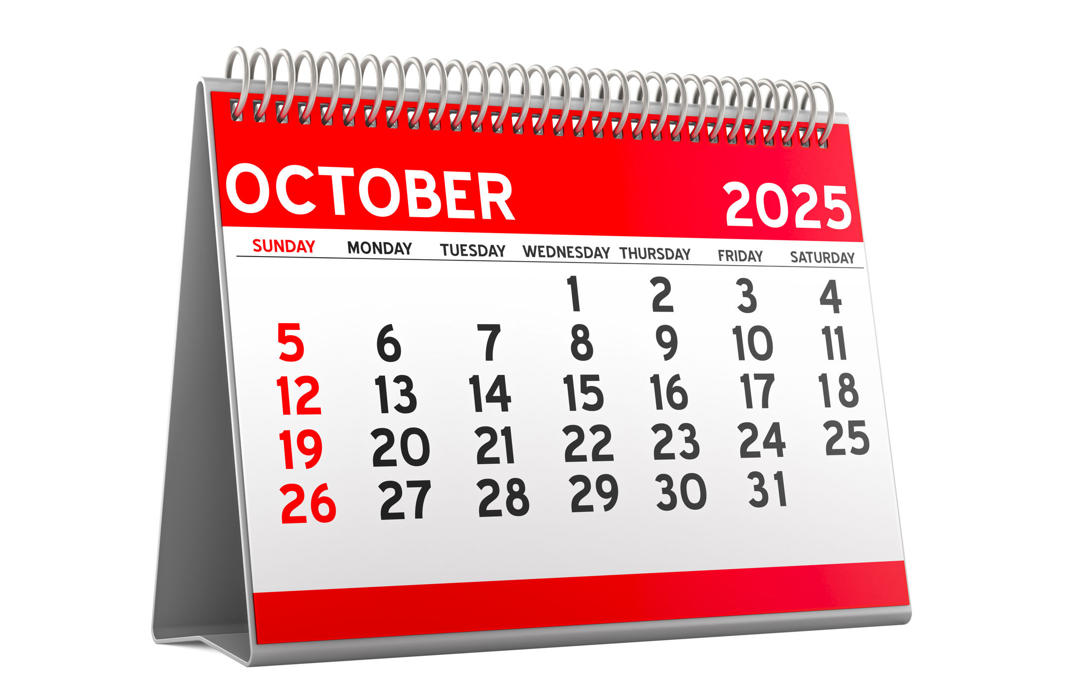 October 2025 Desk Calendar, 3D rendering isolated on white background