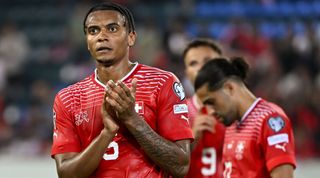 Switzerland's defender Manuel Akanji reacts at the end of the UEFA Euro 2024 group I qualifying round football match between Switzerland and Romania in Lucerne, on June 19, 2023.