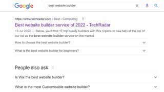 Screenshot of TechRadar ranking for best website builder on Google search