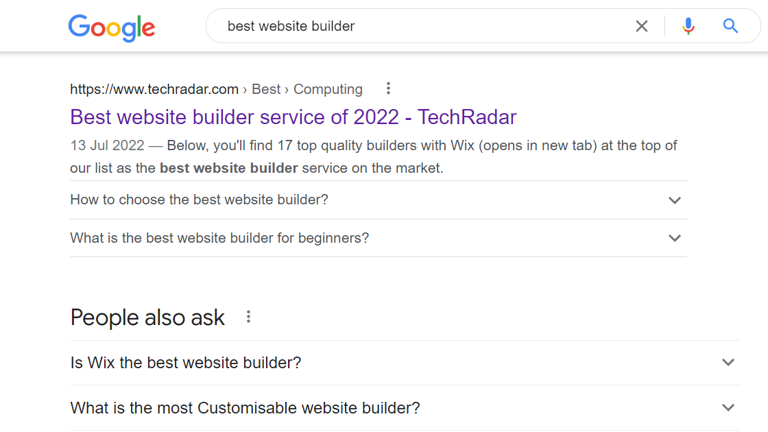 Screenshot of TechRadar ranking for best website builder on Google search