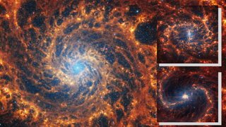 Three of the stunning new images of spiral galaxies taken by the JWST including NGC 628 (main) NGC 4535 (bottom right) abd NGC 2835 (top right)