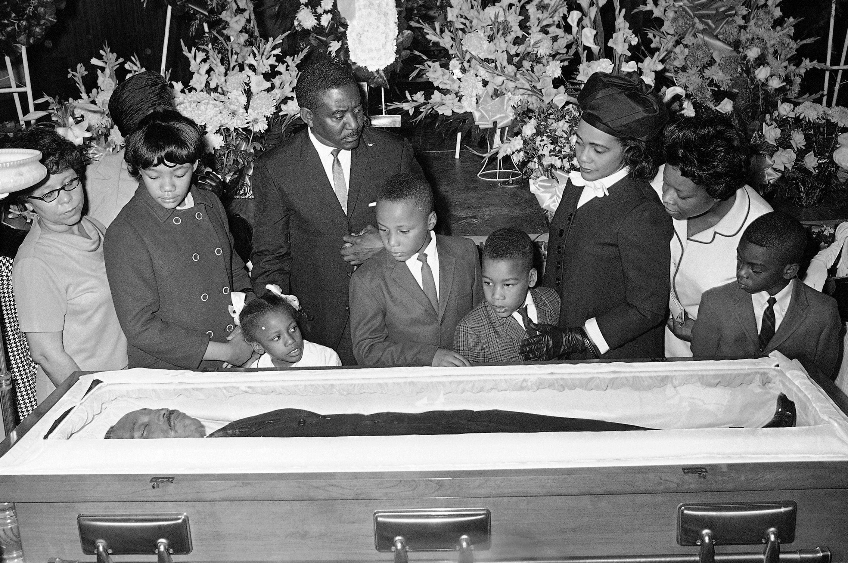 3EB3XNT FILE - Coretta Scott King, third right, is accompanied by her children, Yolanda, Bernice, Martin III, and Dexter at Sisters Chapel on the campus of Spellman College in Atlanta, April 8, 1968. (AP Photo/Jack Thornell, File)