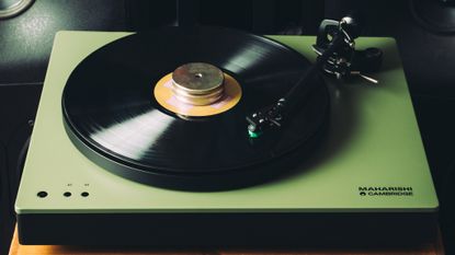 Close-up of the Cambridge Audio Maharishi Alva ST turntable shot from the front and slightly above