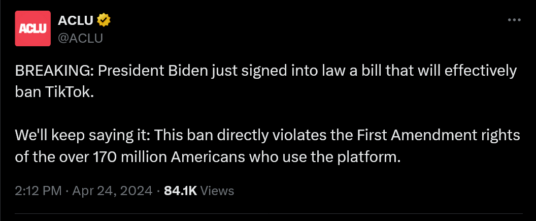 BREAKING: President Biden just signed into law a bill that will effectively ban TikTok.  We'll keep saying it: This ban directly violates the First Amendment rights of the over 170 million Americans who use the platform.
