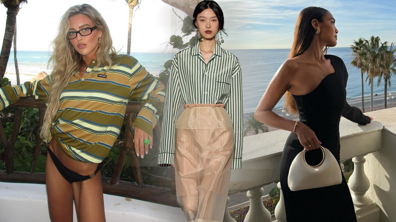 A collage of influencers and a runway model wearing popular designer items for summer 2024.