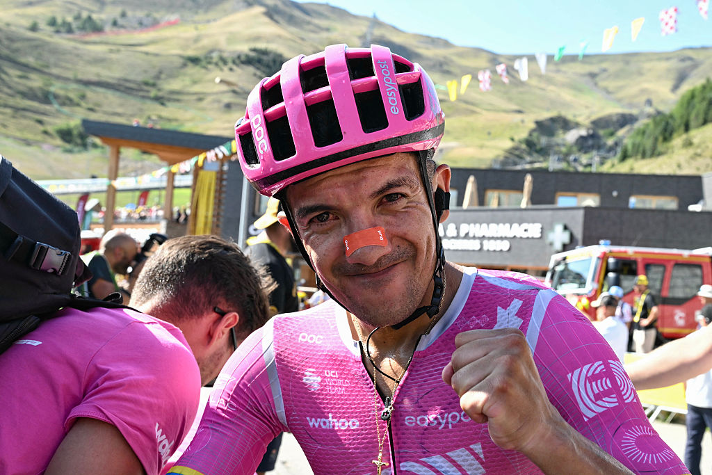 EF Education - EasyPost team's Richard Carapaz celebrates after the stage 18 victory atop Orci&amp;egrave;res-Merlette