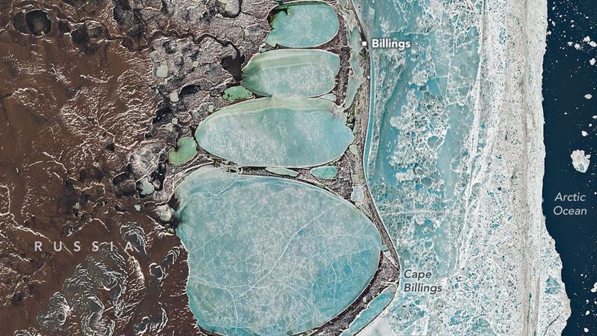 A photo of Earth from space where four snowy circles are seen against the labeled coastline of Russia with a dark blue ocean on the right of the image