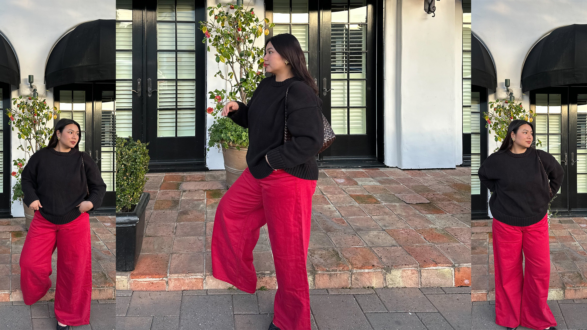 marina wears black sweater, red pants, and black flats while posing