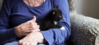 A black kitten cuddling with an elderly woman
