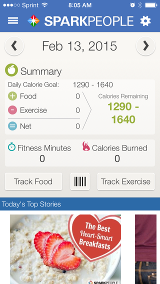 The SparkPeople app displays a summary at the top of the page.